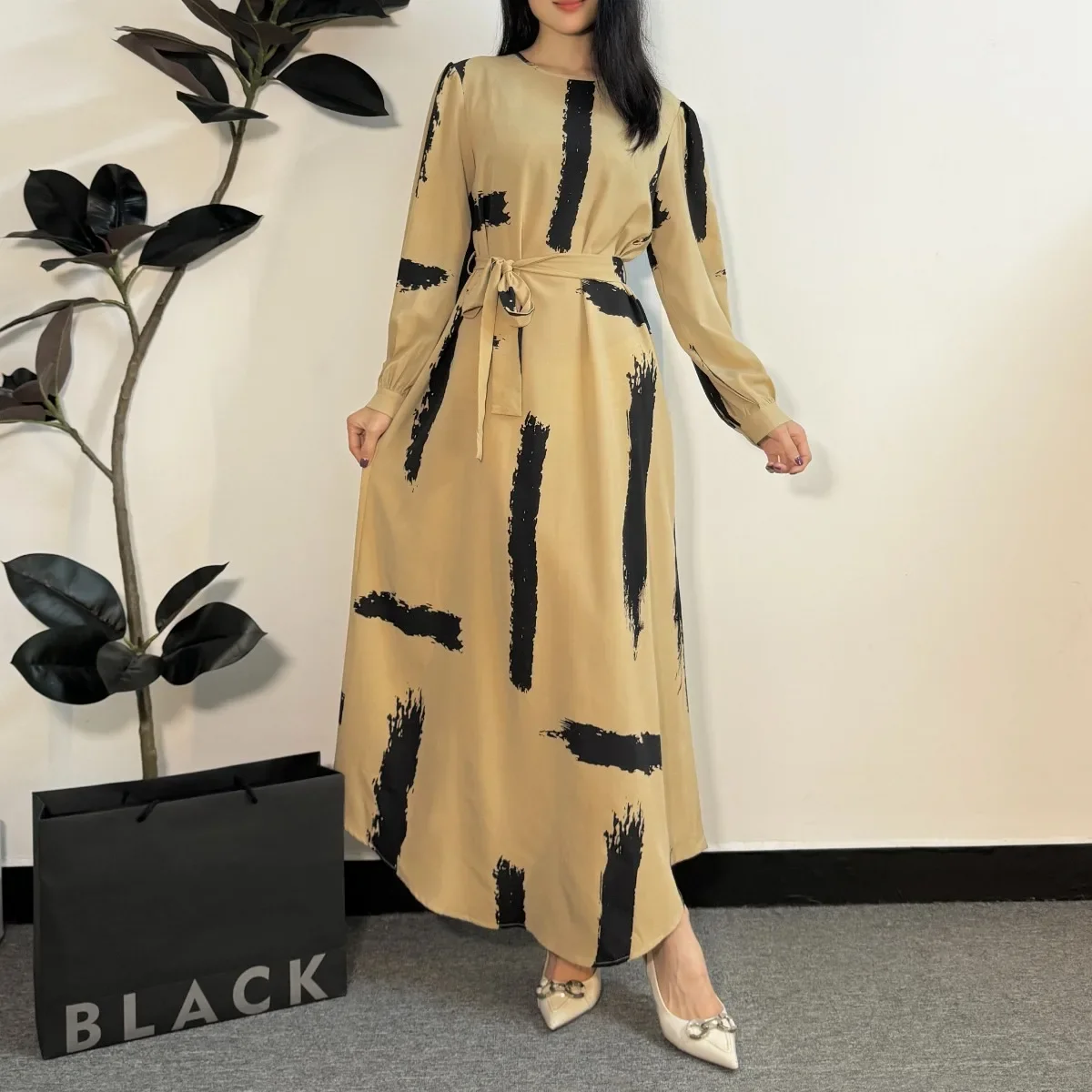 Muslim Dress Women Prayer Dresses Abayas Fashion Female O-neck Full Sleeve A-line Casual Long Ramadan Maxi Dresses With Belt