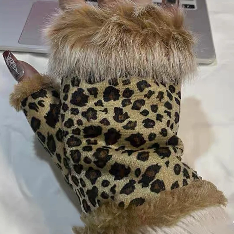 Luvas de camurça coreana meio dedo leopardo design ajustável luvas de cabelo de coelho y2k feminino inverno acolchoado engrossado equitação ao ar livre