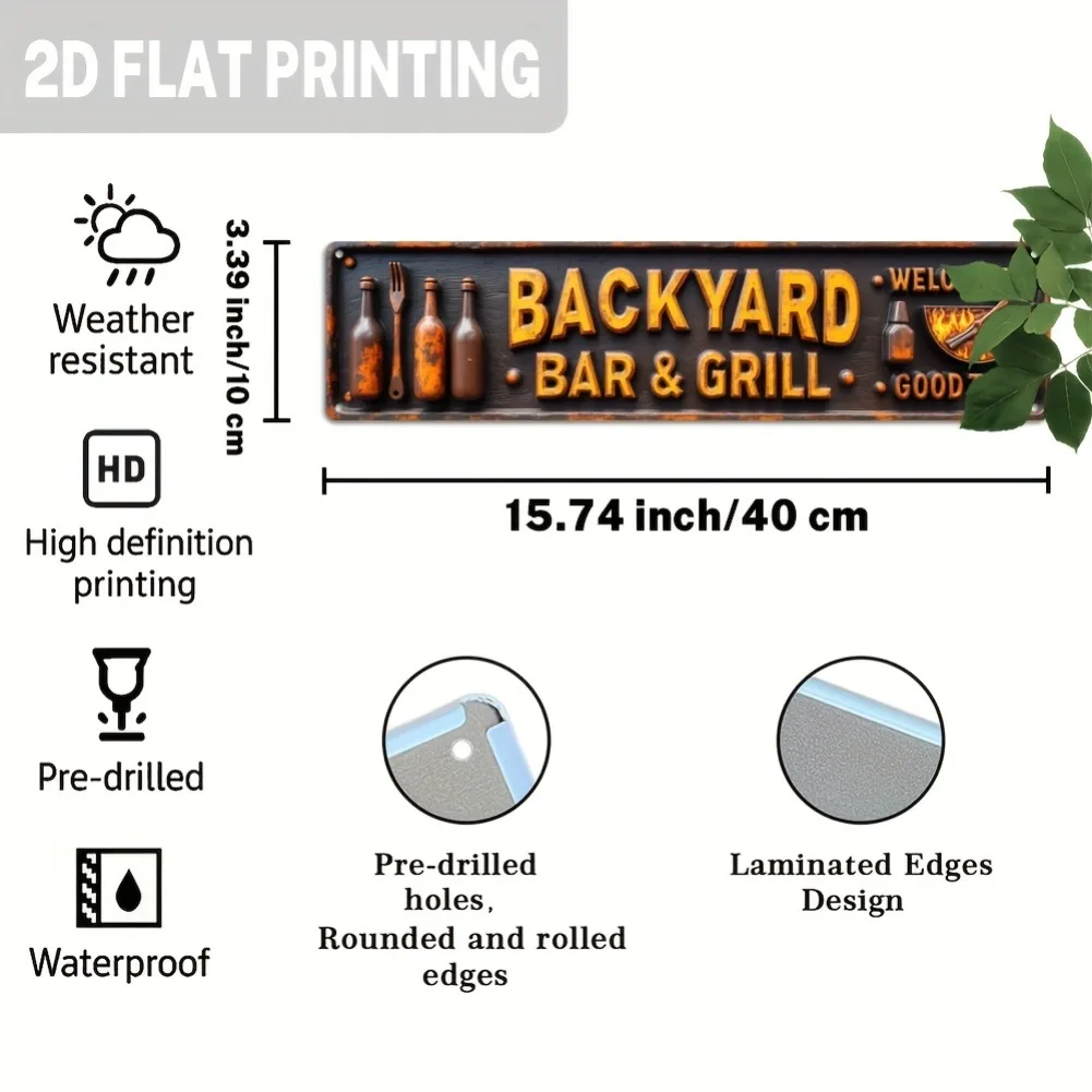 Rustic Backyard Bar & Grill 2D Flat Metal Sign - 1pc 3.93x15.74