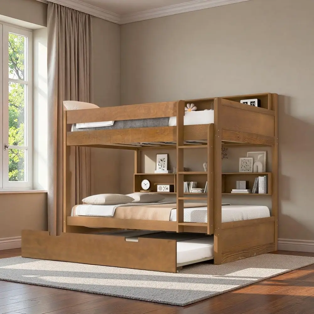 

LUMISOL Twin Over Twin Bunk Bed with Trundle or 3, Wood Twin Bunk Bed with Trundle & Storage Shelves or 3 Kids Teens Adults, No