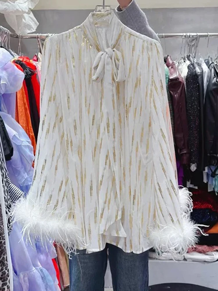 High-grade ostrich feather splicing trumpet sleeve bow tie loose shirt autumn 2025 new fashion Joker temperament blouse