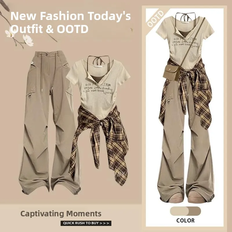 

Spring American Sle Women's Faion Set High Waist Plaid Sunscreen irt Vest Wide Leg Workwear Trousers Street Sle