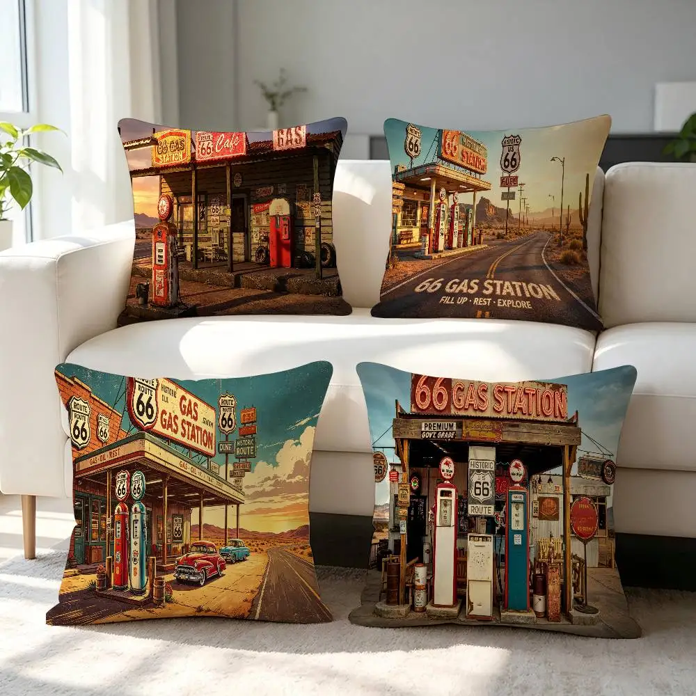 Vintage Historical Route Route 66 Gas Station Pillow Case Home Double-sided Print Short Plush Colorfast Microfiber Cushion Cover