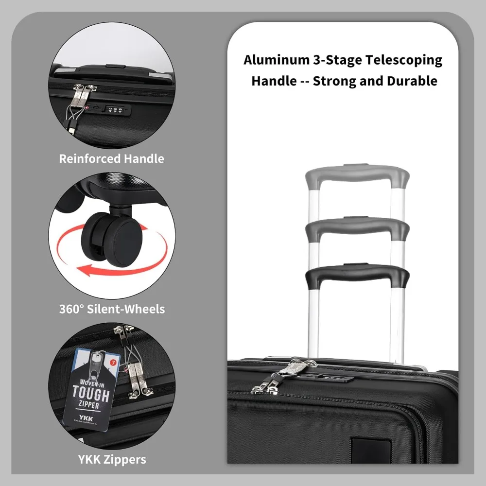 Equipaje de mano abierto frontal de 20 pulgadas con compartimento para computadora portátil, maleta de carcasa dura ABS + PC con ruedas giratorias, cerradura TSA y