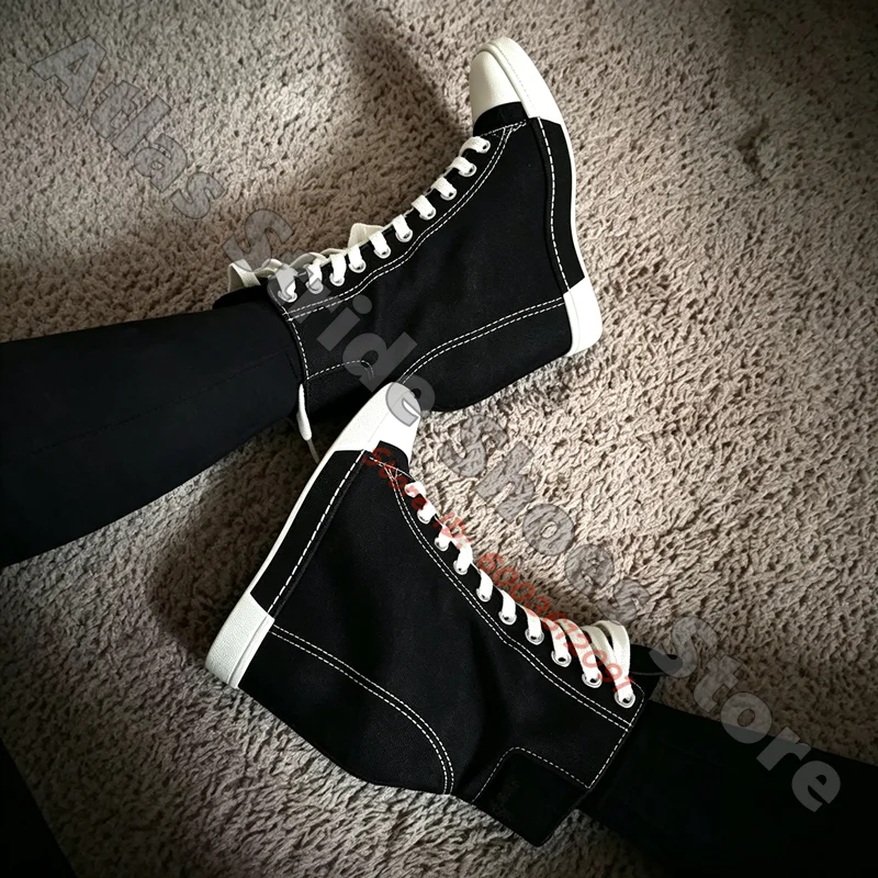 Black Canvas Hidden Wedge High Top Sneakers Women Lace Up White Contrast Stitching Height Increasing Y2K Casual Canvas Boots