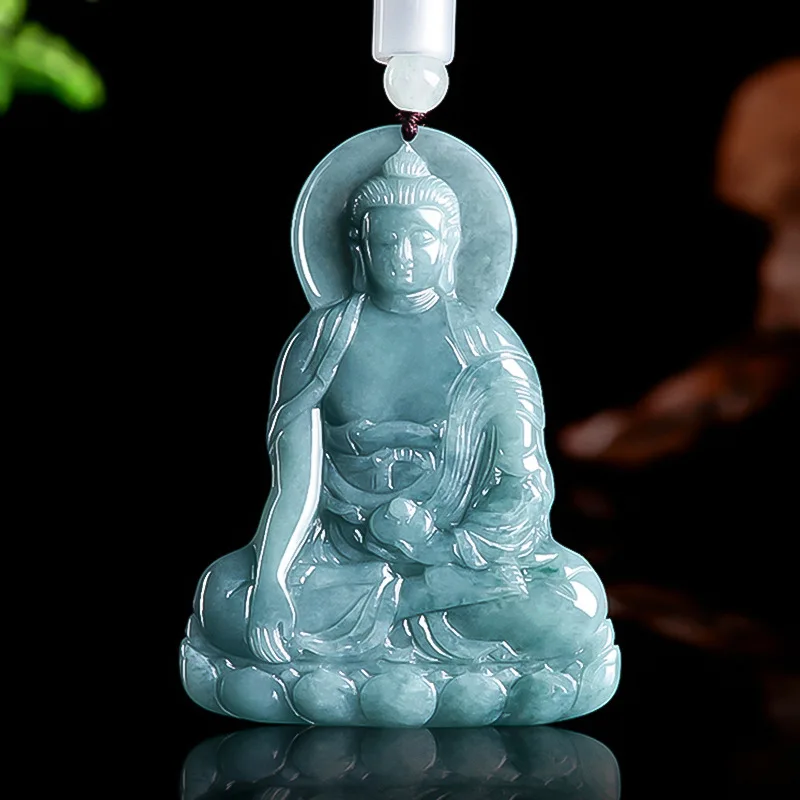 Natural A-grade Jadeite Blue Water Amitabha Buddha Jade Pendant Statue Guardian Deity Native Male Charms Female Jewelry