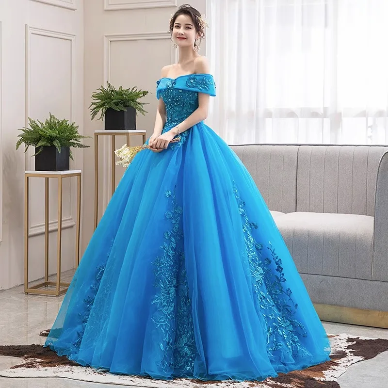 Gaun Quinceanera biru untuk 15 pesta bahu terbuka renda panjang gaun Formal ulang tahun putri gaun pesta ulang tahun manik-manik