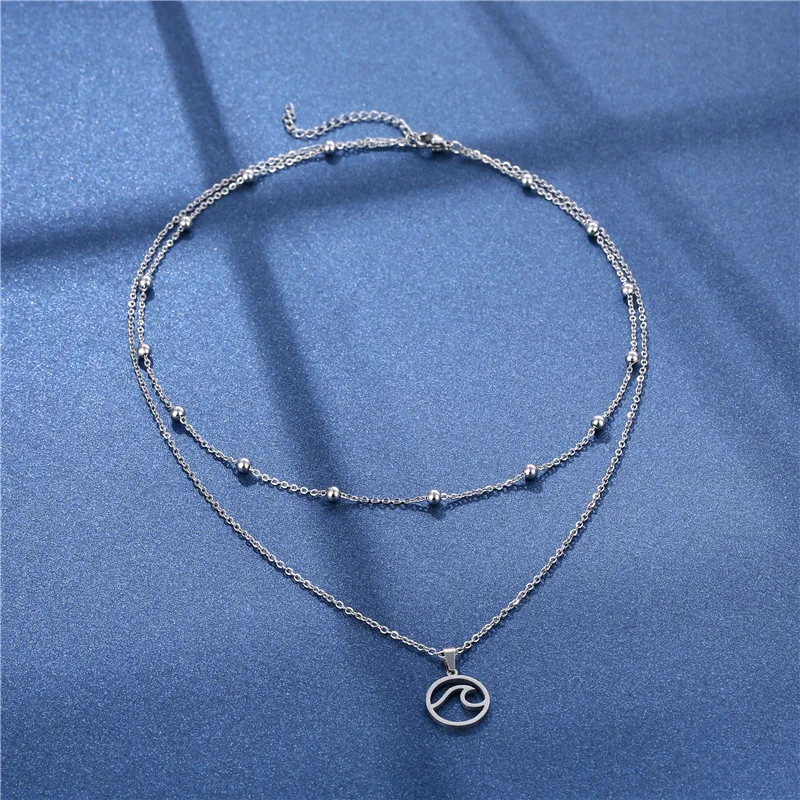 Summer Silver Color Double Layers Surfer Circle Sea Wave Pendant Necklace Stainless Steel Beach Choker Necklaces for Women Girl