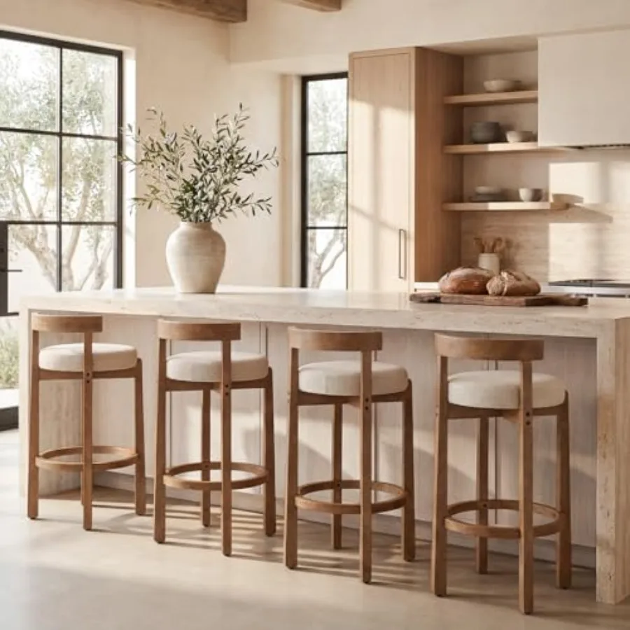 

Modern Linen Bar Stools Set of 4, Upholstered 30" Bar Height Barstools with Natural Wood Legs Mid Century Round Kitchen Stools