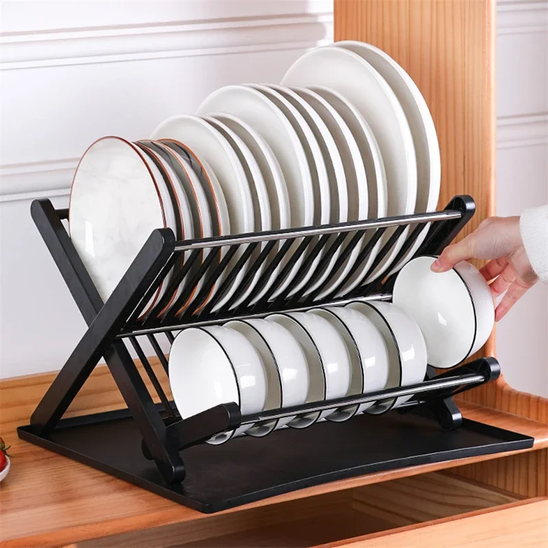 Dish Drying Rack Plates Pan Fold Shelf Double-Layer Plastic Kitchen Organizer Holder Dish Rack Sink Draining Bowl Storage Stand