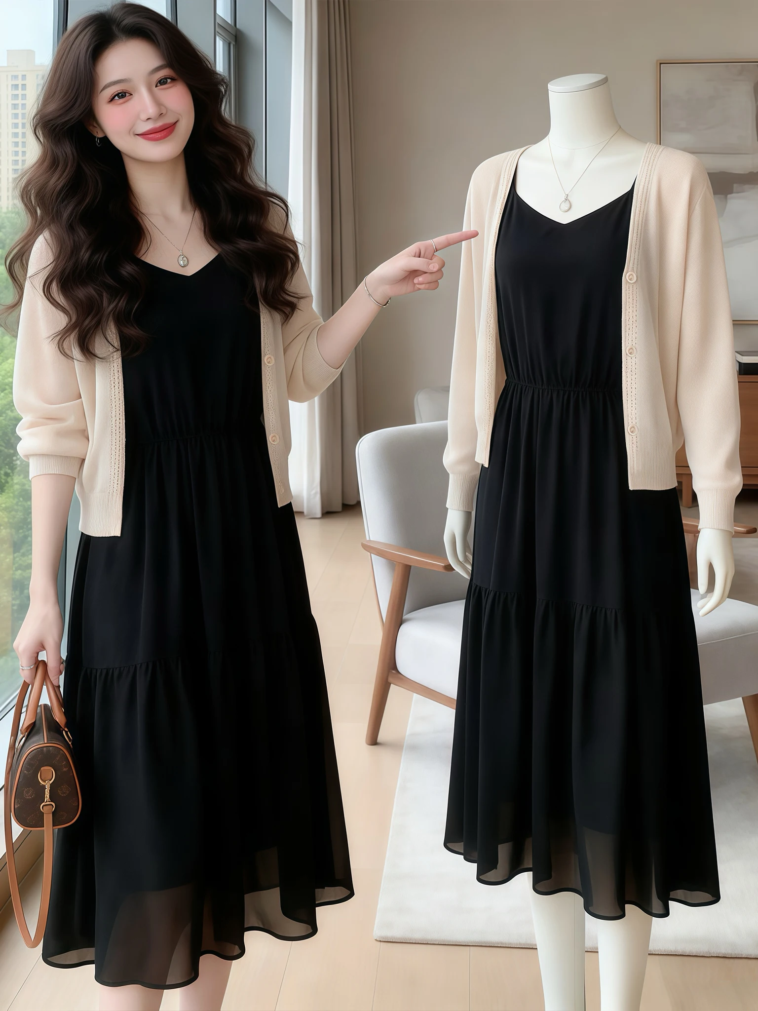 

Unique Design Summer Women's Ice Silk Batwing Sleeve Knitted Cardigan And Dress Set Beautiful Two-Piece Knitwear for Ladies