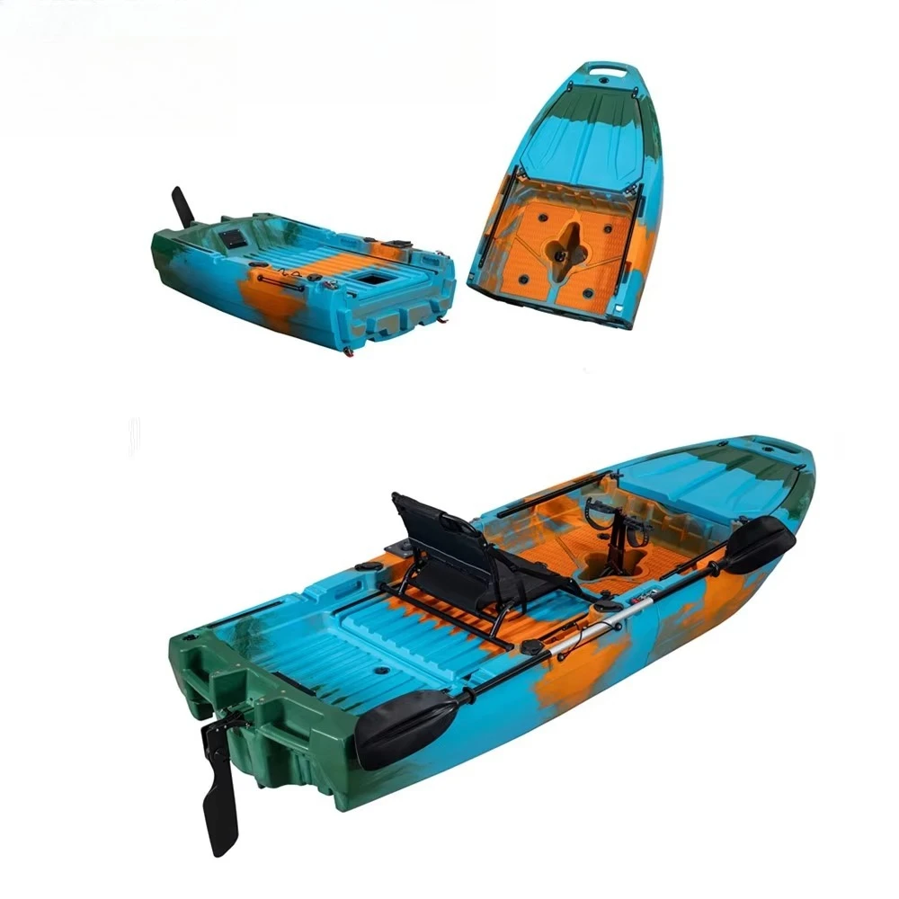 New Arrival Boat 10ft Solo 1 Person 2-pieces Detachable Modular Fin Flap Pedal Fishing Kayak With Wheels and Rudder