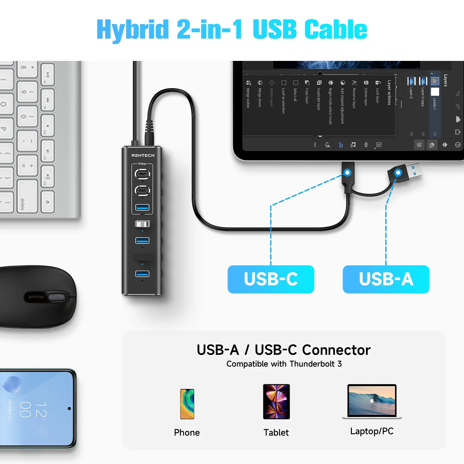 RSHTECH Powered USB Hub 7Port 10Gbps USB 3.2 typ C indywidualne włączniki/wyłączniki Adapter aluminiowy ekspander USB do laptopa PC