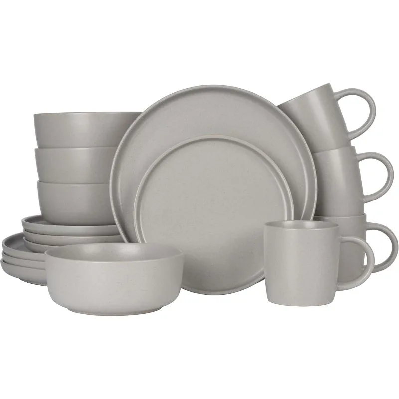 Sets, Ceramic Plates and Bowls Set with Mugs, 16pcs Stoneware Dinnerware Set for 4, Microwave,Oven & Dishwasher Safe(Dots Grey)