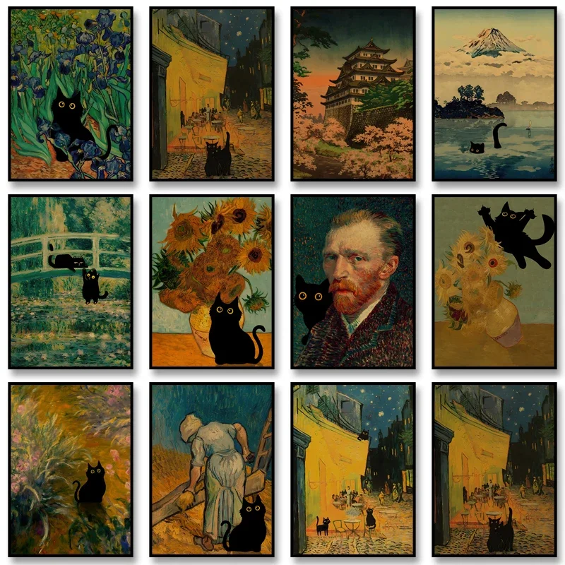 Vintage Van Gogh Niedliche Katzen Wandkunstdruck Lustiges Cartoon-Raumposter Leinwandgemälde Nostalgisches Bild Wohnzimmer Heimdekoration