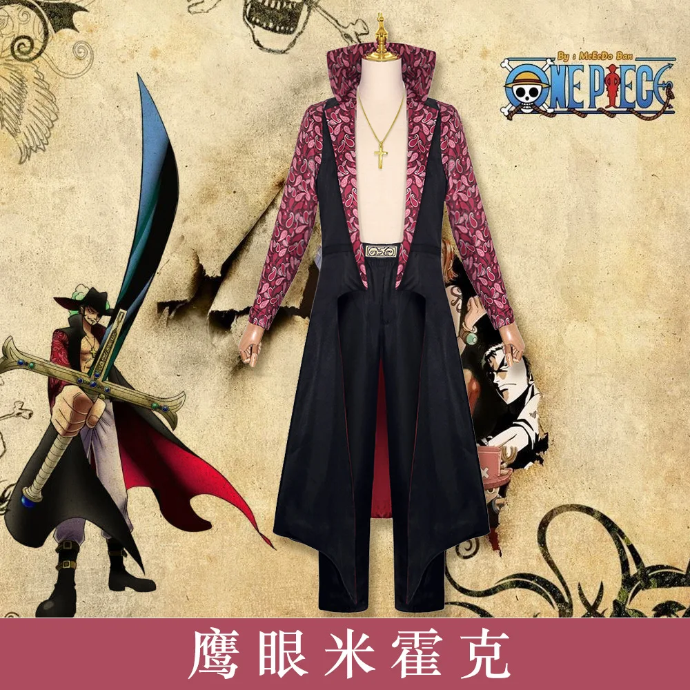 

Movies Dracule Mihawk Cosplay Costume Stand-up Collar Cloak Printing Trench Coat Adult Man Halloween Carnival Suit Necklace