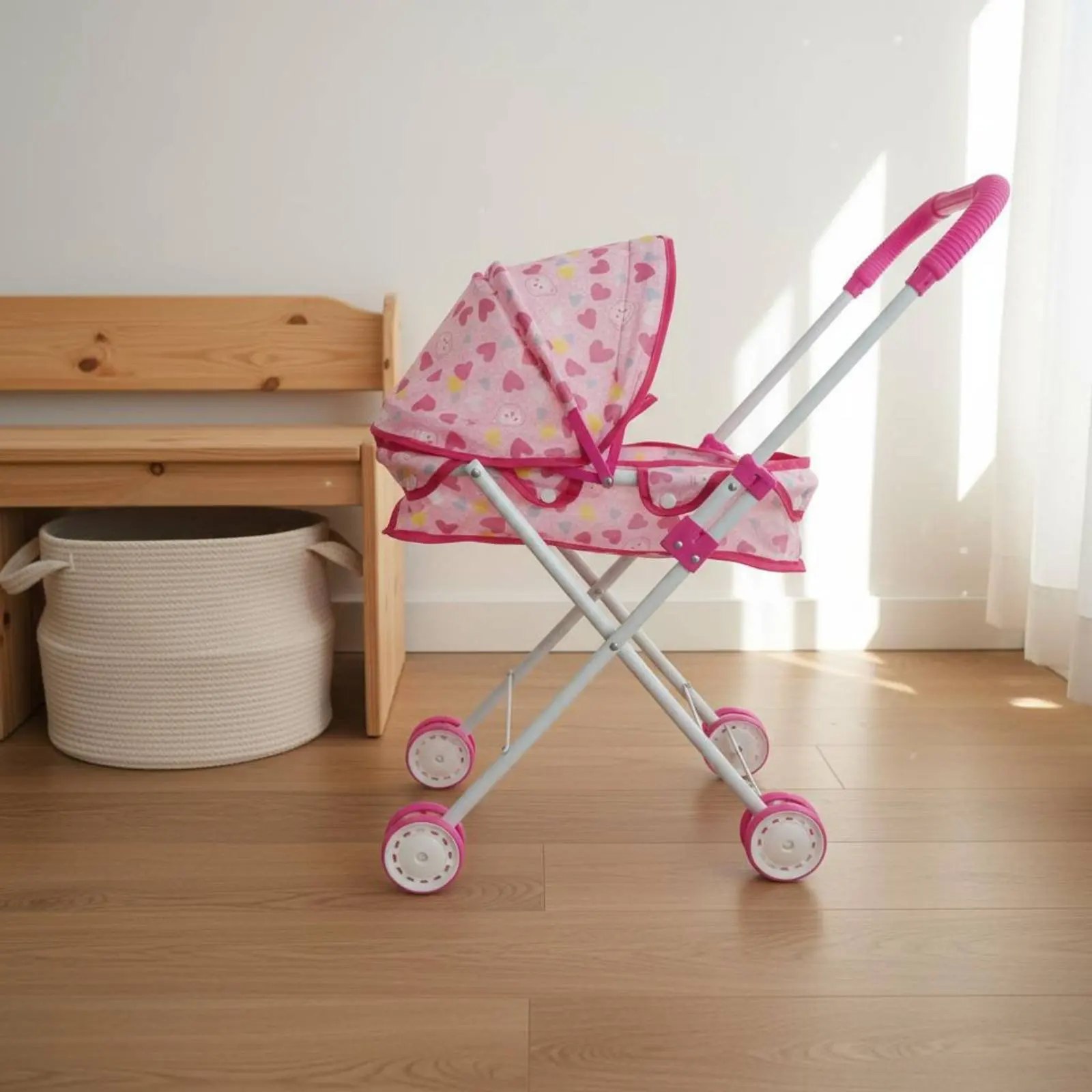 

Foldable Doll Carriage Sturdy Steel Frame Baby Doll Carriage Toy Pram with Bag Easy to Steer for Girls