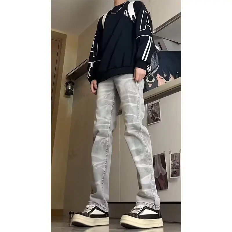 

American Street Sle Thunderbolt Patterned Vintage Jeans Men's Spring Cleanfit Flared Pants High Waist Long Straight Leg Jeans