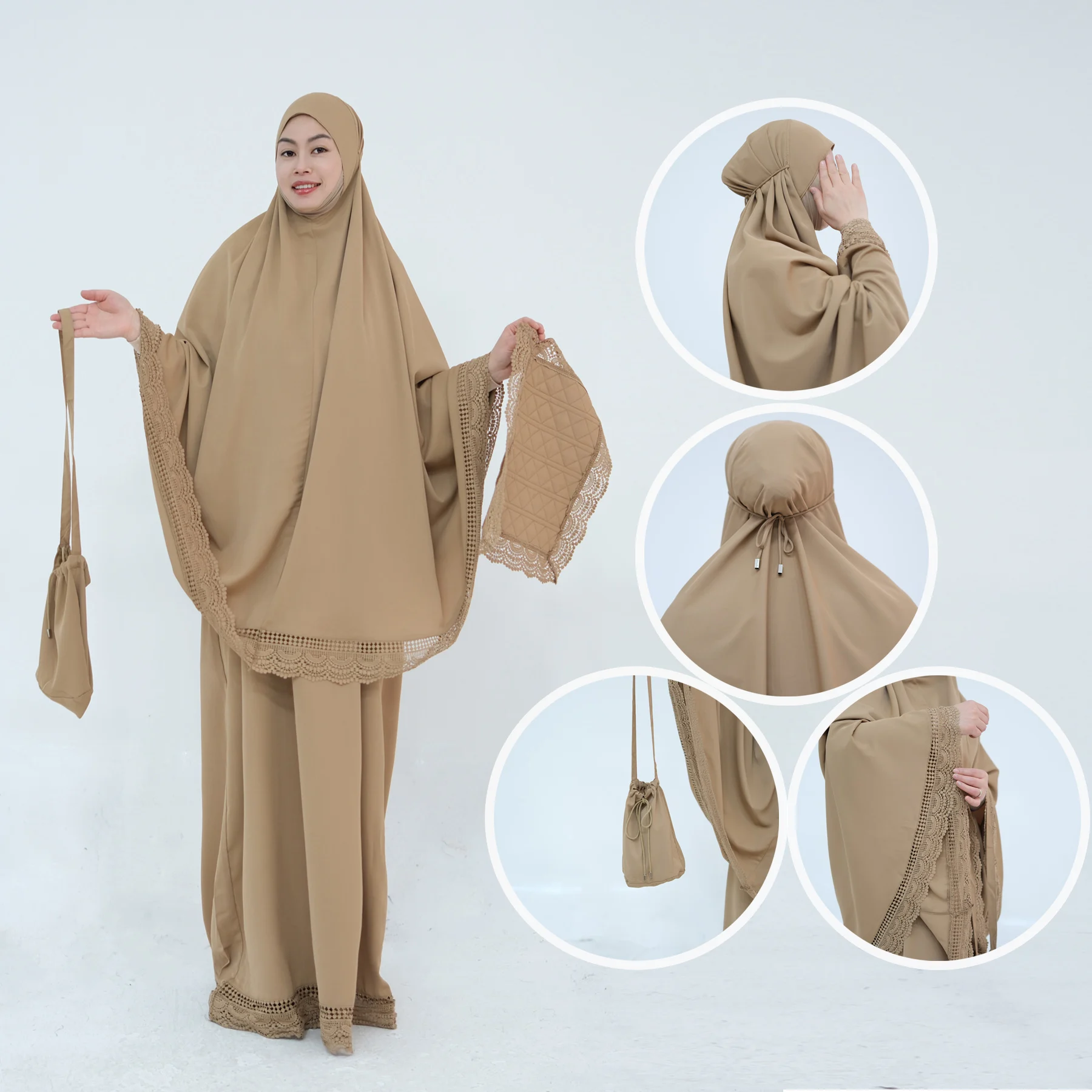 Hijabi-Gebetsset mit Spitzenbesatz, 4-teilig, muslimische Frauen-Set für Salah, Abaya Khimar mit fester Kappe + extra langer Rock + Gebetsteppich + Beutel
