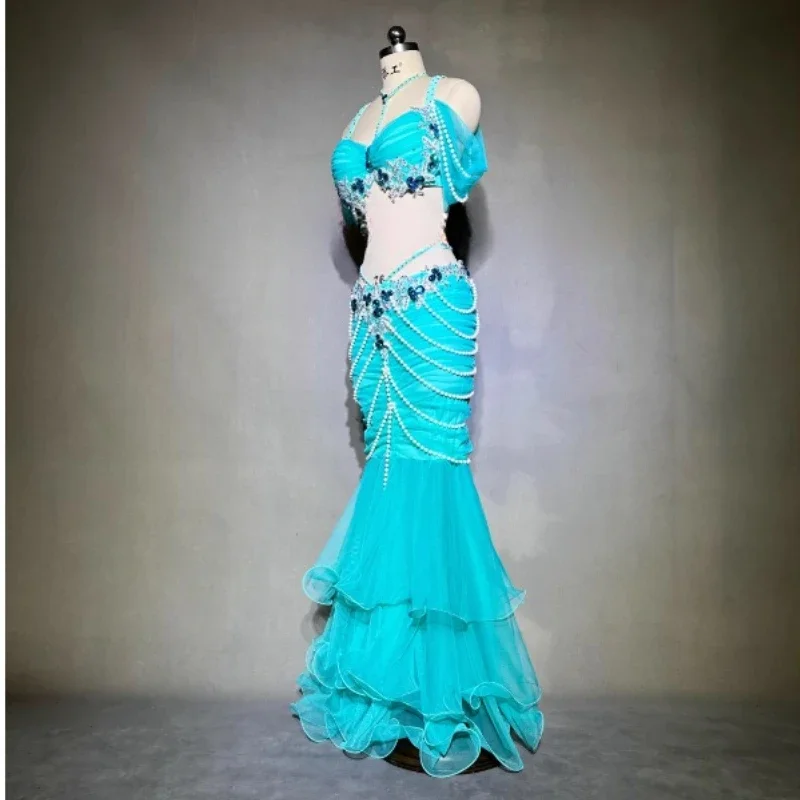 BellyDance Set Dames Aangepaste Luxe Strass Bh + Prachtige Parel Fishtail Rok 2 Stuks Oosterse Dansvoorstelling Kleding