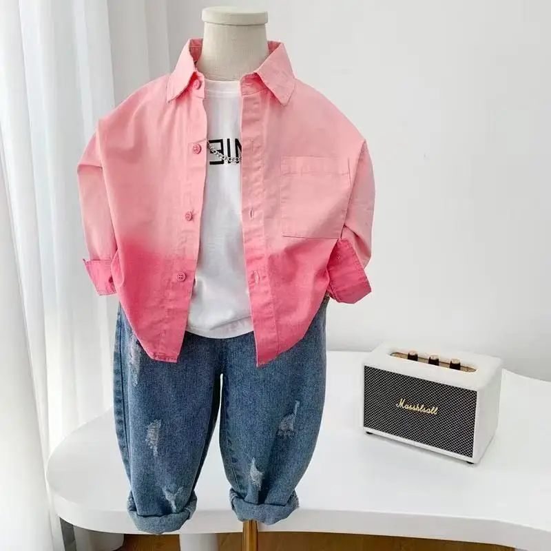 

Boys' Pink Shirt 2025 New Fashionable Medium and Small Children's Spring/Summer Long Sleeve Gradient Shirt Korean Coat