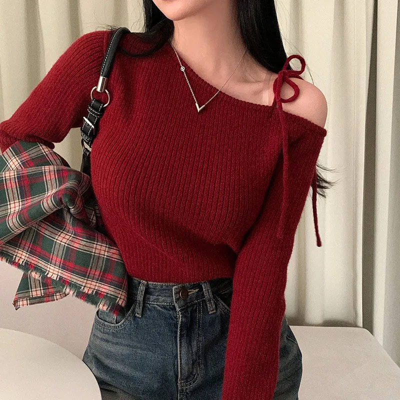 

2026 Women's Clothing Retro Irregular Slant Collar Off Shoulder Strapped Multi Purpose Long Sleeved Knitted Sweater