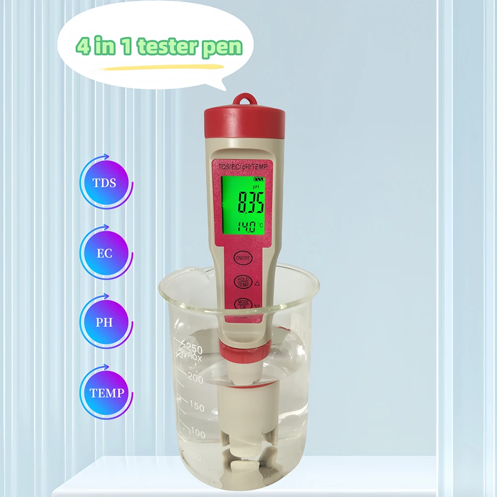 Backlight 4 in 1 pH Meter Pen Type Water Quality Tester Digital Temperature EC TDS pH Meter for Aquariums Swimming Pool