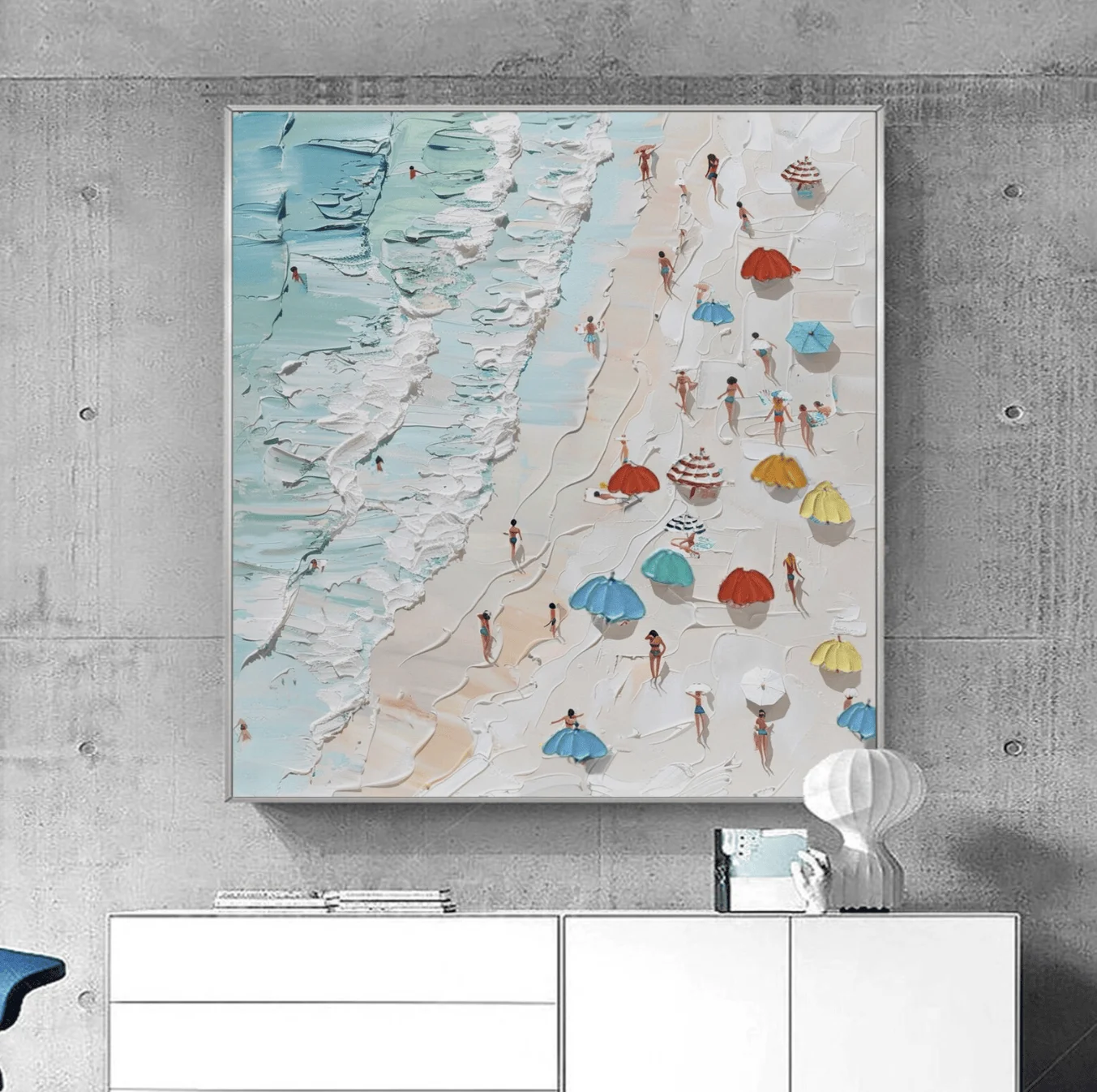 Thick Texture Beach Scene Oil Painting Wall Art Canvas Prints Posters Decor, Colorful Umbrella Seaside Art for Living Room Decor