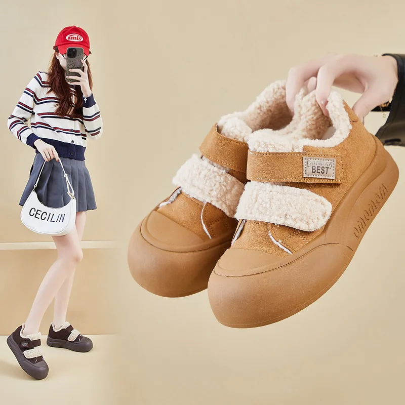 

Winter Women's Fleece Warm Sports Shoes Velcro Thick-Soled Casual Board Shoes for Teenagers Outdoor Warm Shoes