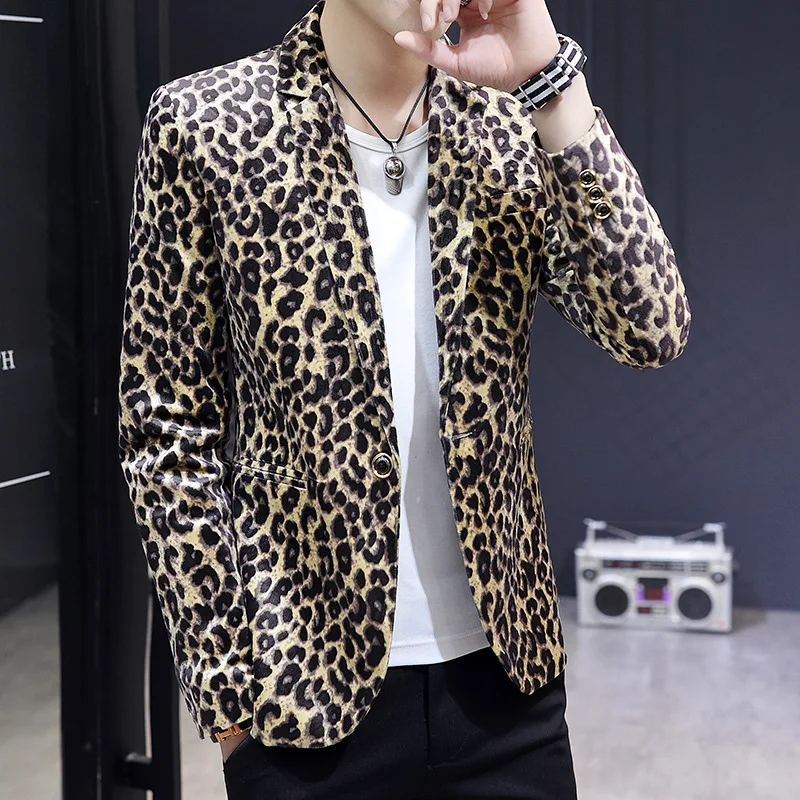 HOO 2024L Men\'s new casual, thin, handsome, slim leopard print printed   blazer