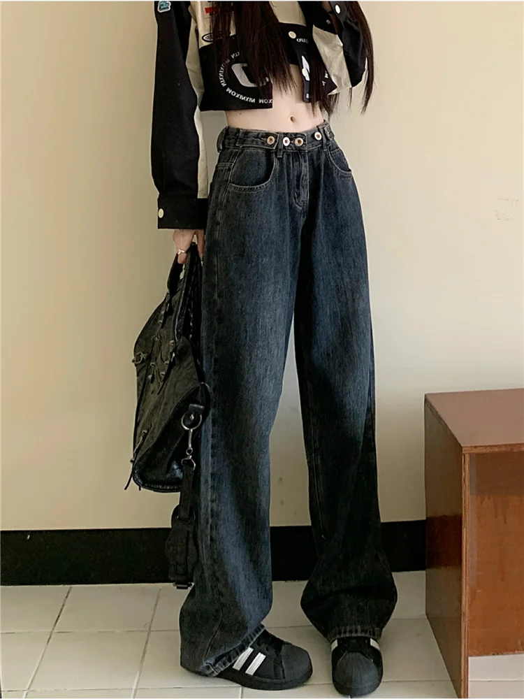 

Adjustable High Waist Jeans Women's Autumn And Winter Loose Wide Leg Pants Washing Straight Tube Mop Pants Tide