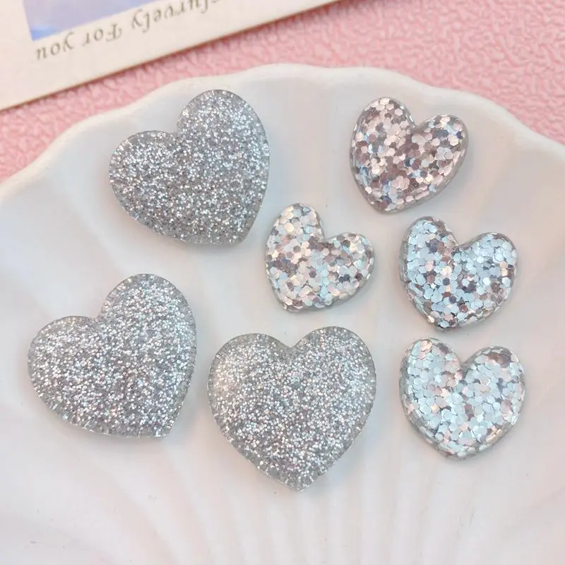 10Pcs New Cute Cartoon Silver Heart Series Flat Back Ornament Biżuteria Kokardki Akcesoria