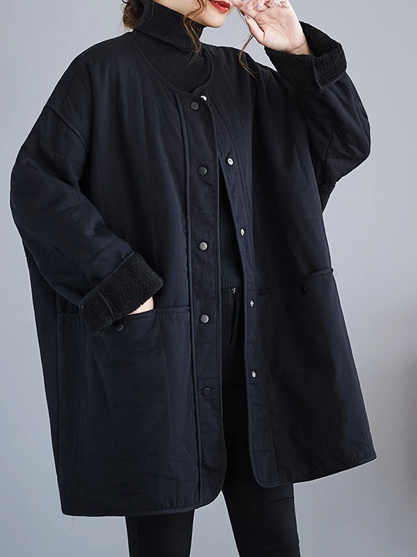 

Ladies Casual Pure Color Cotton Jacket Winter New Large Size Loose Warm Fleece Lined Windbreaker Coat Thickened Long Sleeve