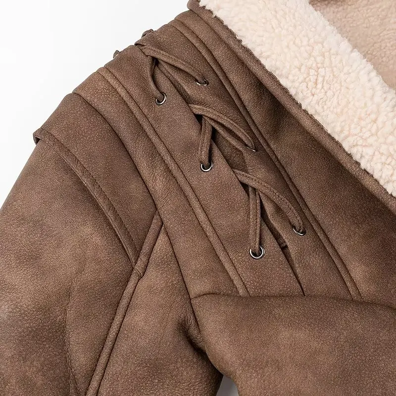 Krobach Nordic style retro atmosphere irregular straps waist cinching fur integrated warm jacket jacket