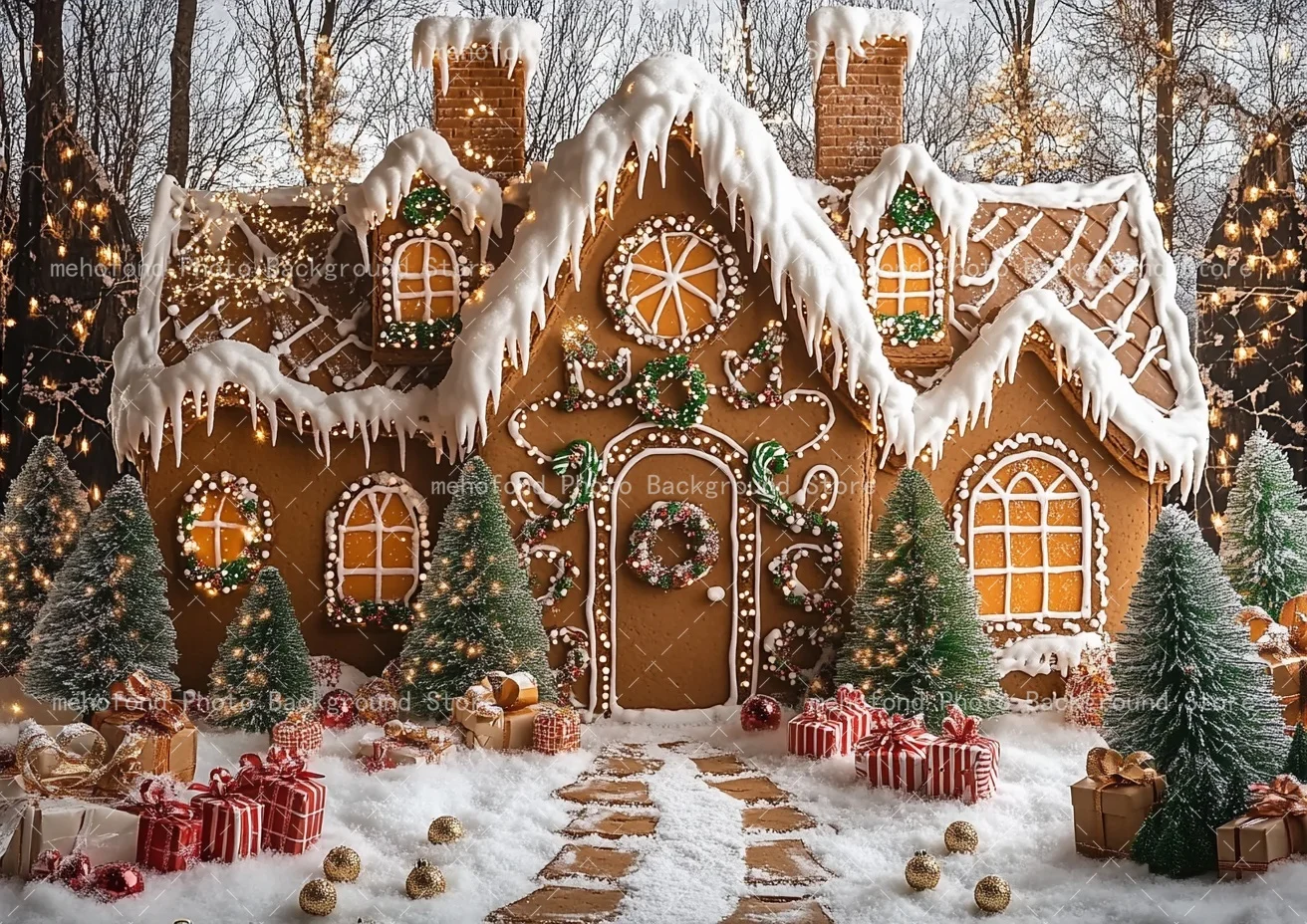 Mehofond Photography Background Winter Christmas Tree Gingerbread House Walkway Warm Light Kids Family Portrait Backdrop Decor