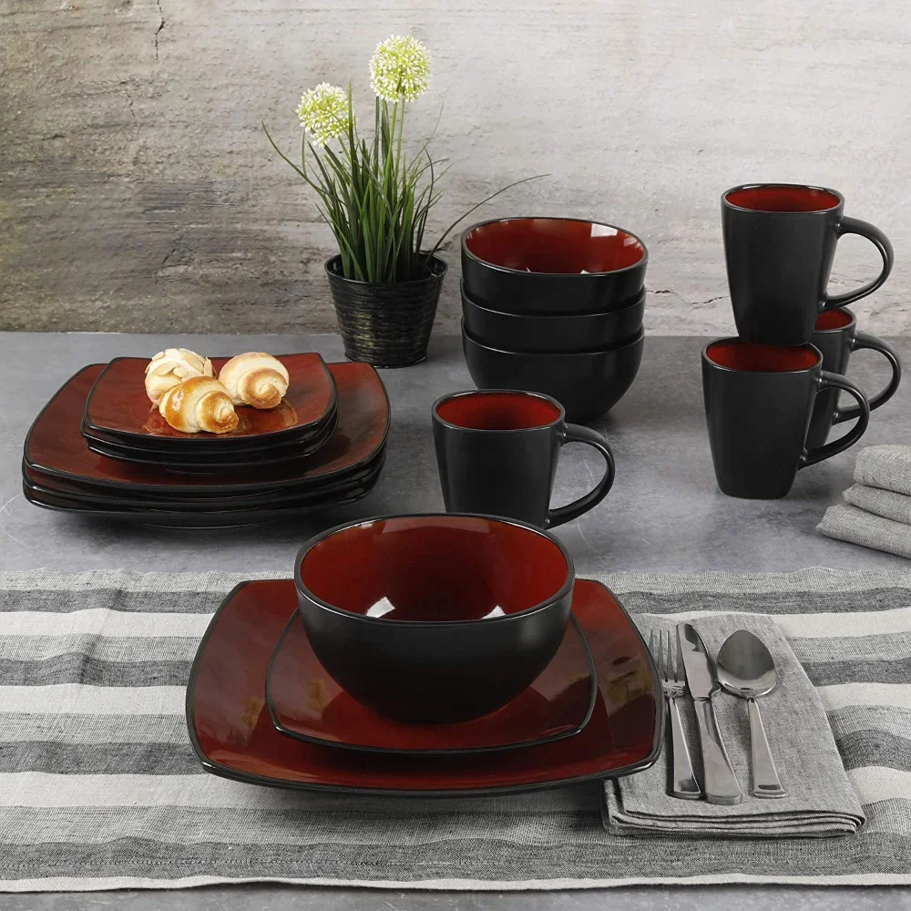 Soho Lounge Square 16-Piece Dinnerware Set - Red Dinner Set  Dish Set  Dinner Set  Plate Sets