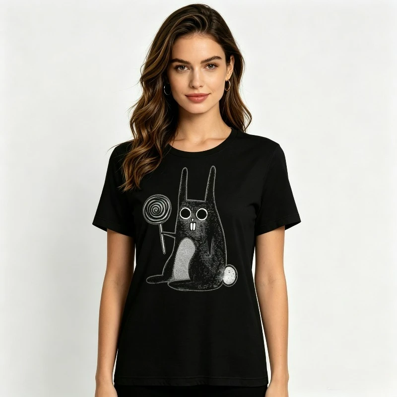 Women's Cute Bunny T-shirt, Funny Lollipop Graphic Tee, Black and White Options