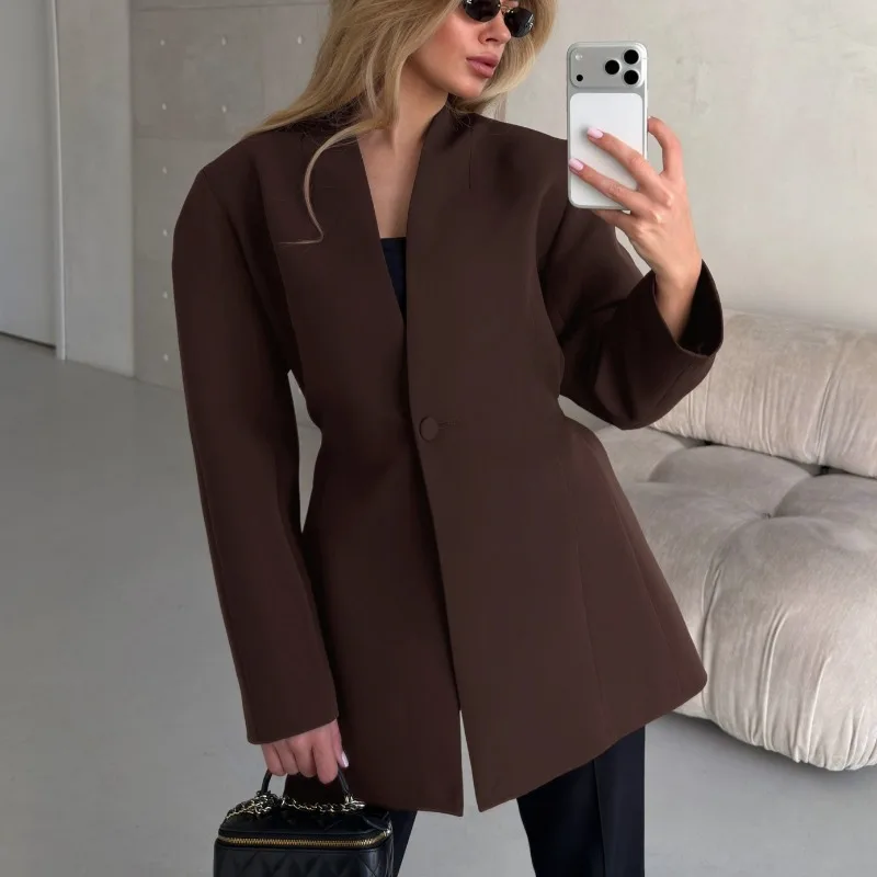 A V-neck Suit Jacket European American Design Sense Exuding High-end Feel Stylish Autumn Waist-cinched Slit Commuter Suit Women