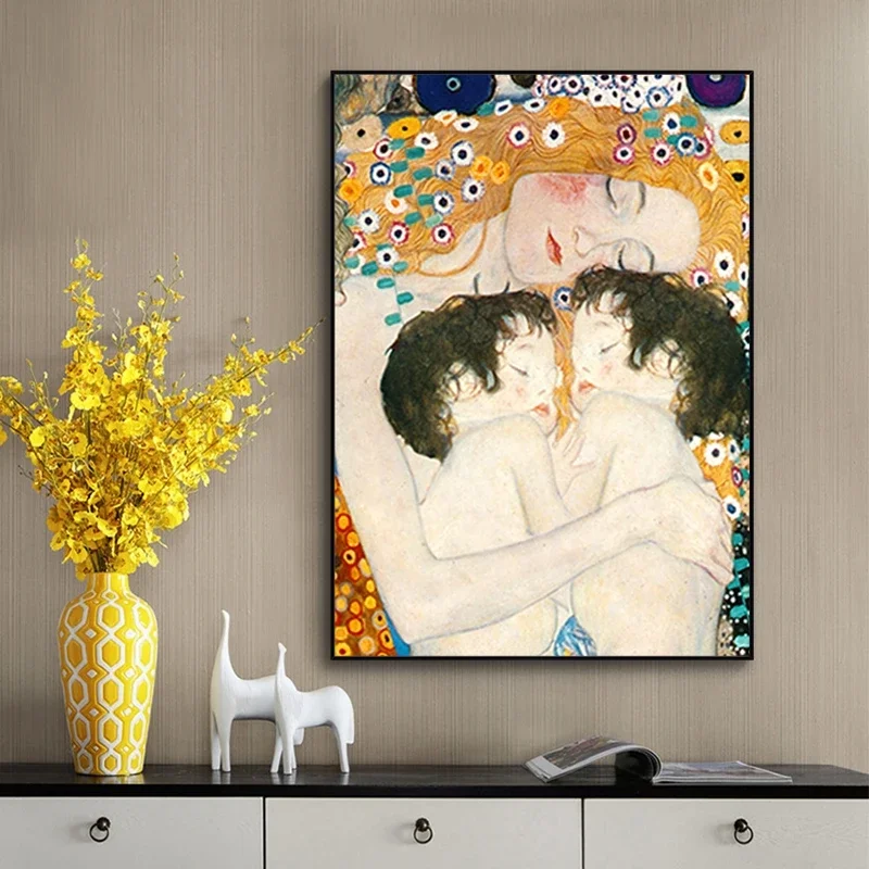 Gustav Klimts Mother Love Twins Baby Famous Painting Print Art Canvas Poster  Living Room Wall Decor