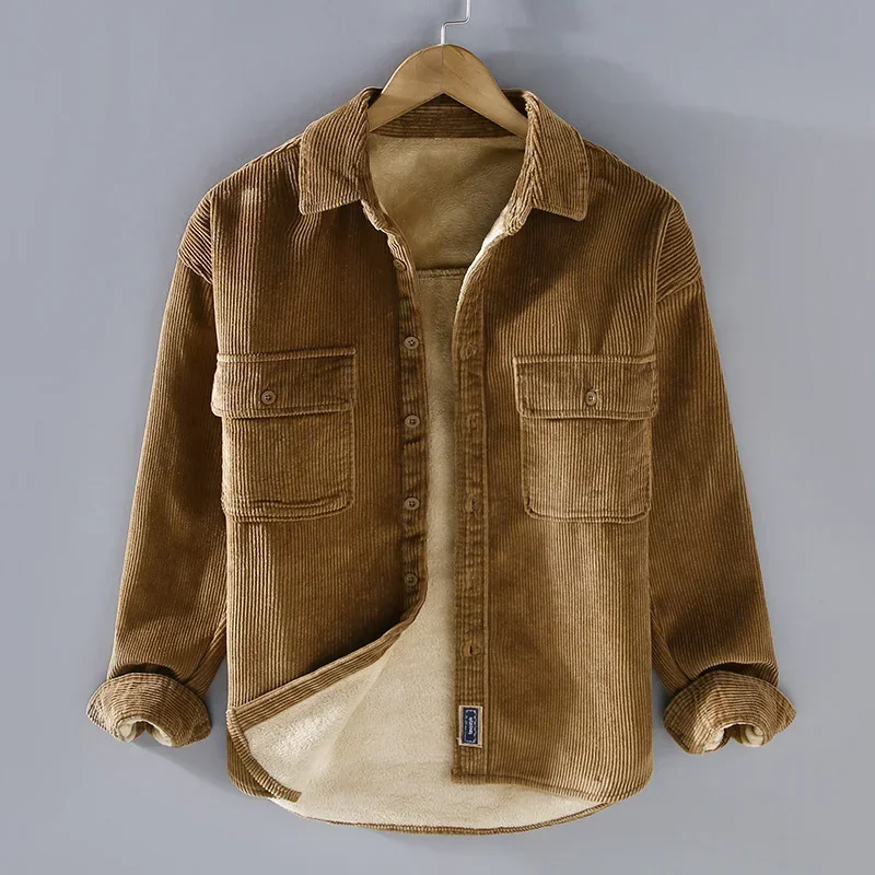 Man Vintage Corduroy Thickening Shirts Autumn Winter Korean Long Sleeve Solid Simple Casual Outdoor Wear Male Loose Blouses image 2