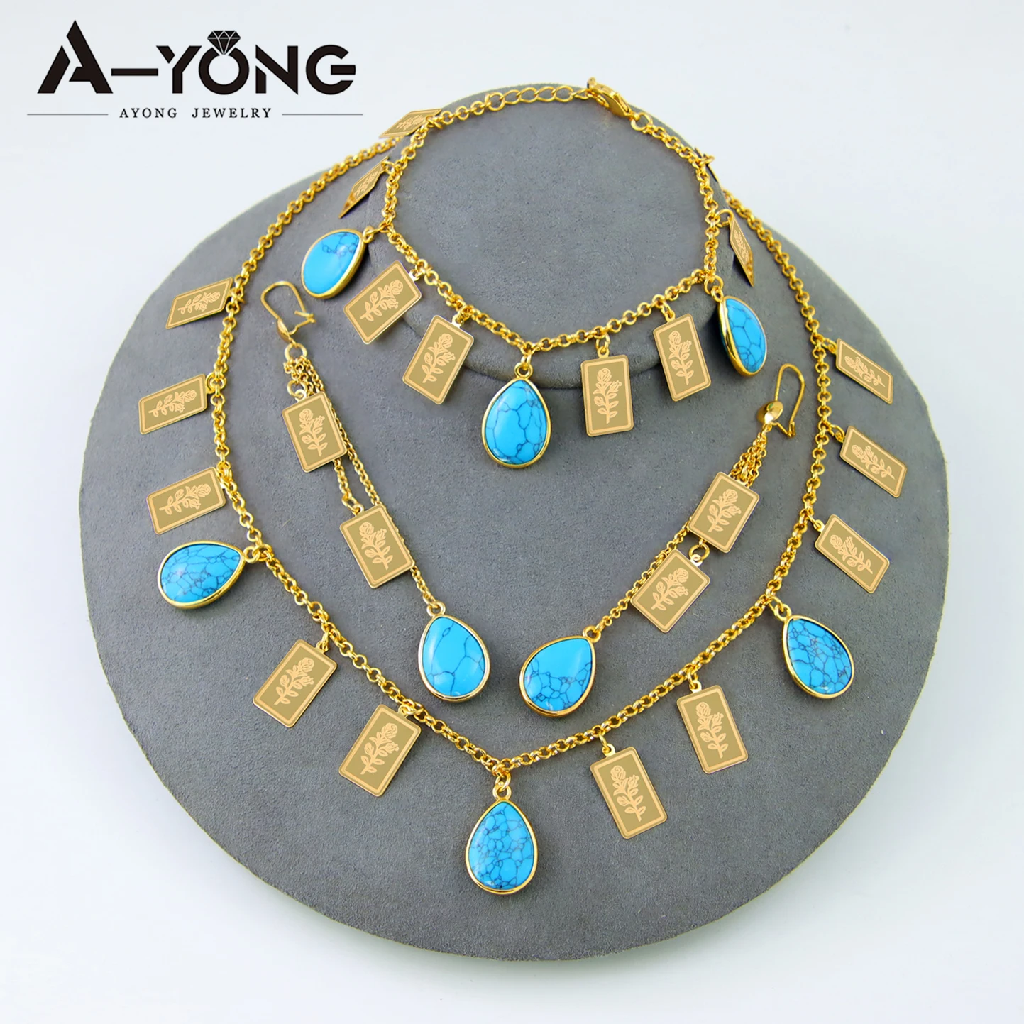 

Dubai Fashion Turquoise Jewelry Set 21k Gold Plated Ethiopian Bridal Necklace Bracelet Earrings Arabic Women Coins Jewelrys