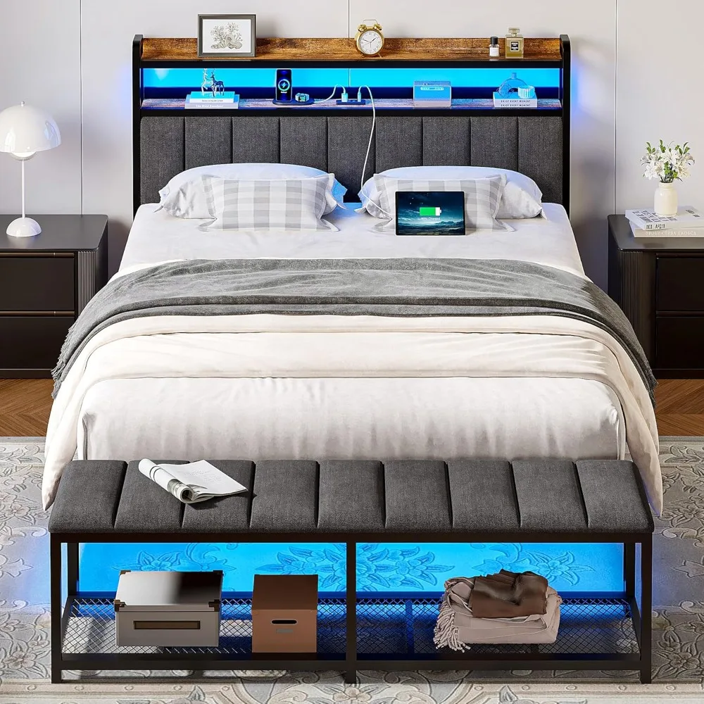 

Queen Bed Frame with LED Lights and Bench, Equipped with an under bed storage board, Upholstered Headboard, Metal Bed Frame