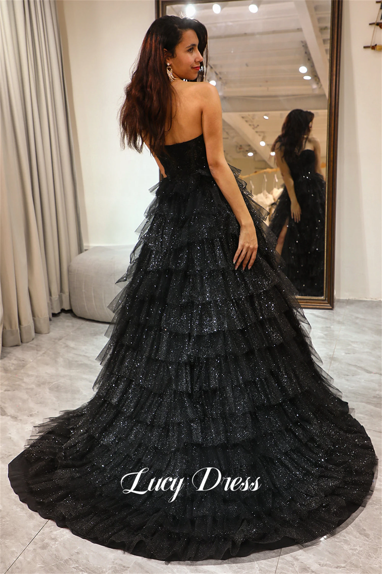 Lucy Ball Gown Party Dress Shiny Mesh Black Strapless Layered Evening Dresses Gala Robe De Soiree Femmes Prom Customized