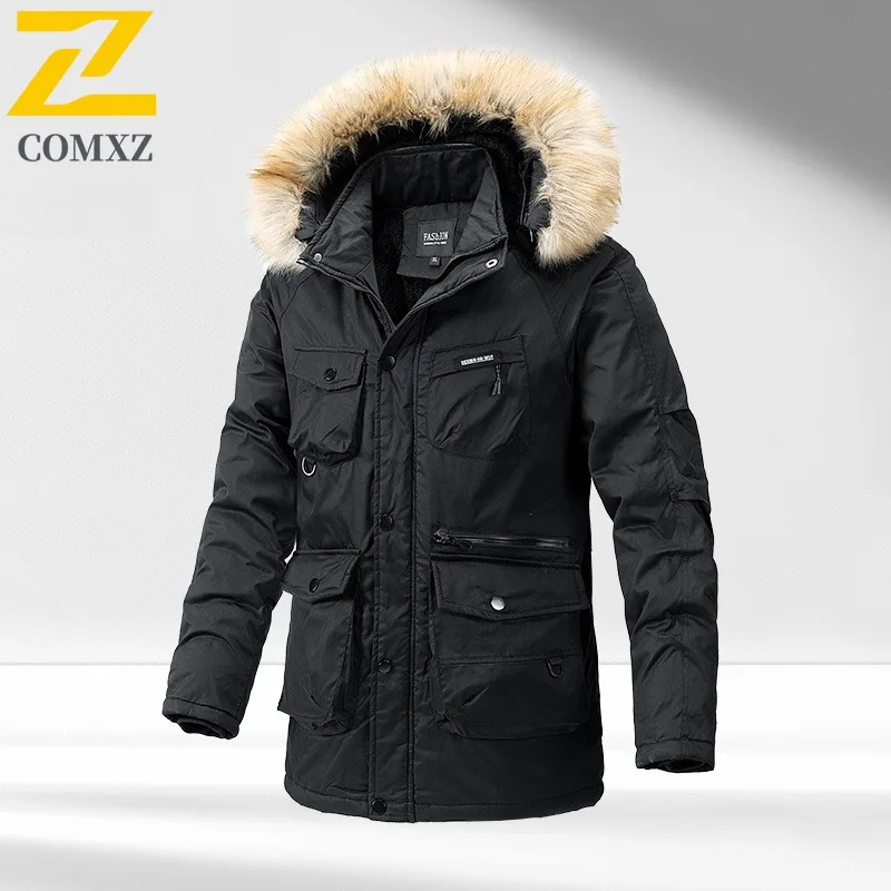

COMXZ Men Padding Coat 2025 Comfortable Windproof Hiking Snow Padded Jacket Camping Multi Pocket Adventure Cotton Padded Jacket