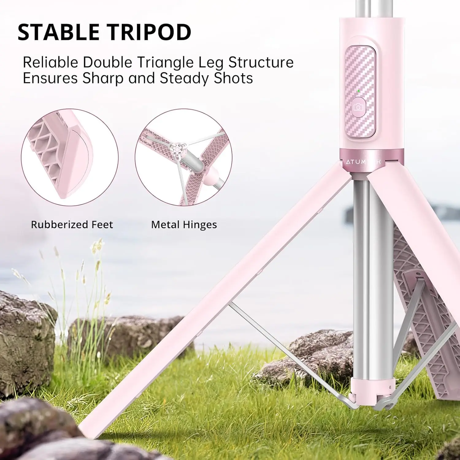 55' ausziehbares Aluminium-Selfie-Stick-Stativ mit Bluetooth-Fernbedienung, rosa, passend für 4,7-7' Telefone