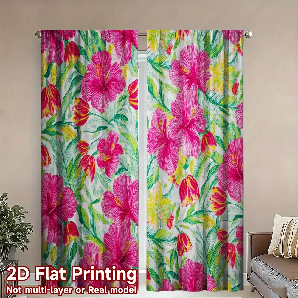 Tropical Floral Curtains Polyester Drapes Pink Hibiscus Pattern for Living Room Home Decoration Waterproof Botanical Window Pane
