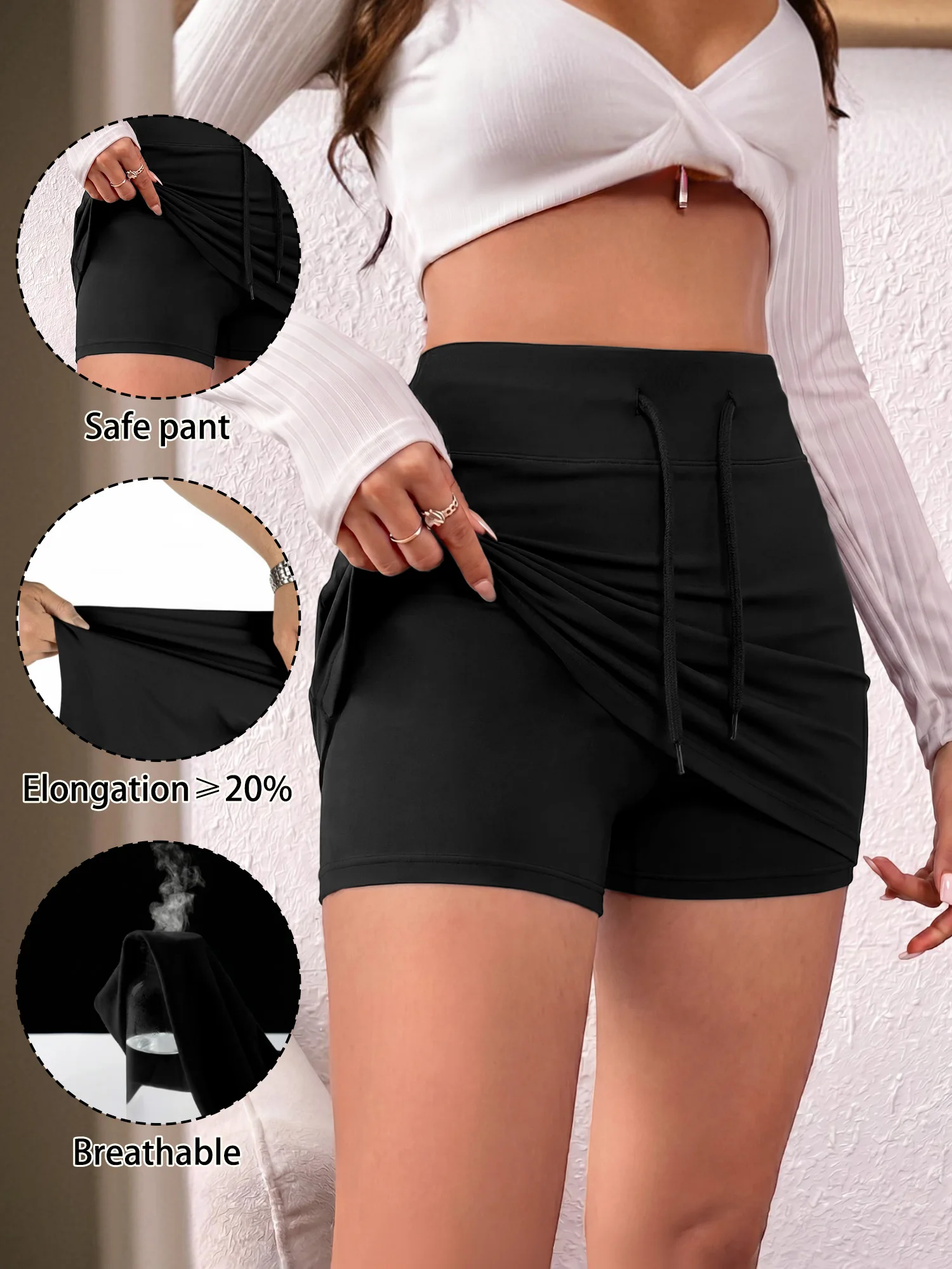 European Hot Women Skort Adjustable Drawstring High Waist Inner Shorts Solid Black Stretchy Tight Mini Sports Skirts