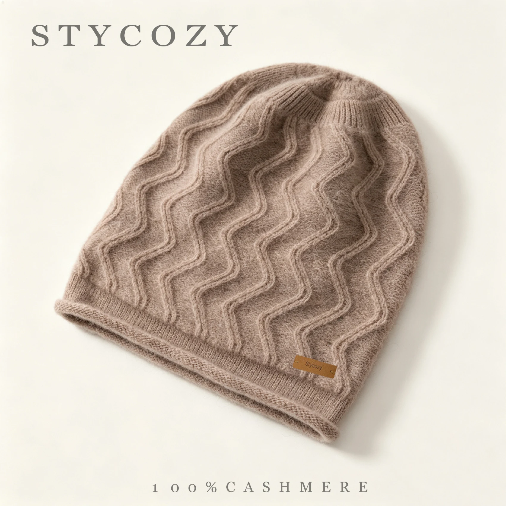 100% Pure Cashmere Wavy Cable Knit Slouch Skullies Unisex Solid Rolled Edge Beanies Hats Winter Fluffy Ear Warm Cap  Daily Wear