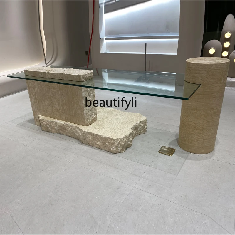 Wabi Saft Marble Entrance Table, Designer, Clothing Store Travertine Smashing Effect Display Stand