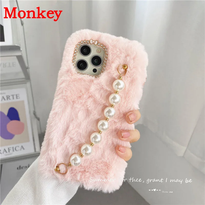 Luxury Pearl Fluffy Plush Wrist Strap Silicone Cases For Redmi Note 10 Pro 10S 9 8 7 pro 9S 9T 8T 9A 9C 8A 7A Poco F3 X3 NFC M3